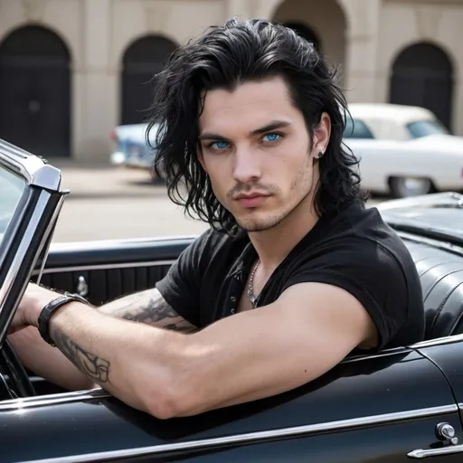 Prompt: rock star man with wavy shoulder-length black hair, stubble, blue eyes, 25 year old, entire body, punk gothy clothing, white shirt, driving black classic car convertible