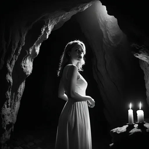 Prompt: shot from angle below, dramatic dark atmosphere, scared woman in white dress looking over shoulder, satanic ritual, candles in background, cave setting, dim lighting, dramatic, cinematic, depth, black and white noir coloring, 