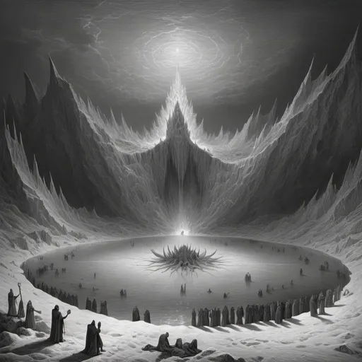 Prompt: the tenth circle of hell, frozen lake, lucifer, Gustave Dore style