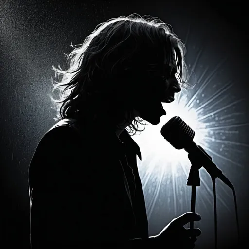 Prompt: Backlit photo of a rockstar singing into microphone with wavy shoulder length hair, illustration Silhouette, dramatic, artistic, shadowy, rain, high contrast
