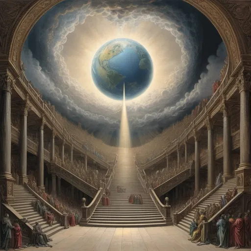 Prompt: Heaven as illustrated by Gustave Dore, dramatic, gothic, dozens of staircases, many staircases, clouds, the planet earth in the center on display, colored, bright light in center by planet earth hovering overhead