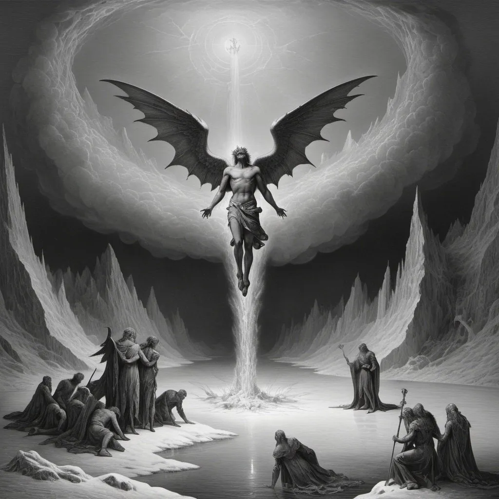 Prompt: the tenth circle of hell, frozen lake, lucifer, Gustave Dore style, fallen angel, falling from sky