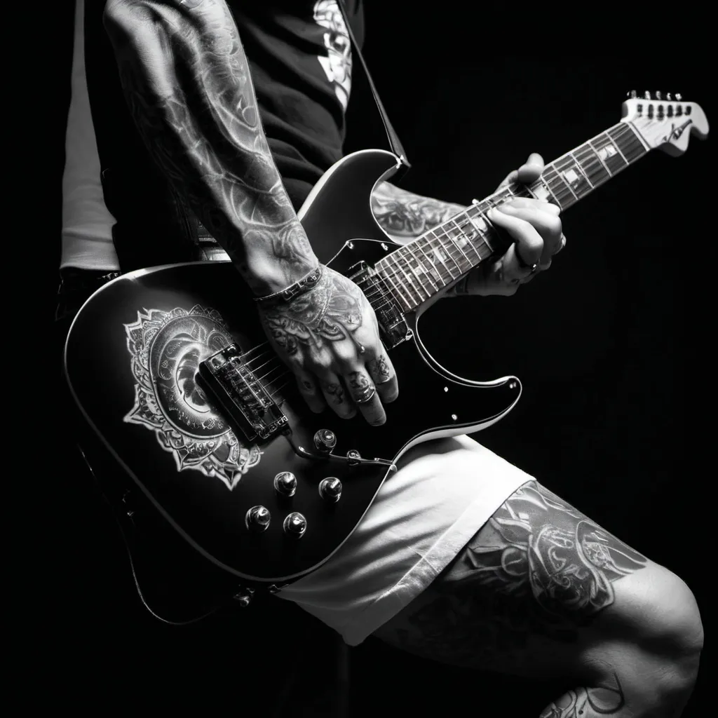 Prompt: tattooed hands playing electric guitar, dark black and white, black background