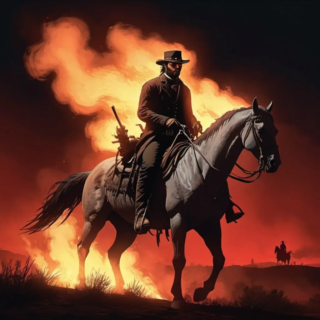 Prompt: red dead redemption style, night time, horseman of apocalypse, fire horse, ghost rider on horseback, 1800s
