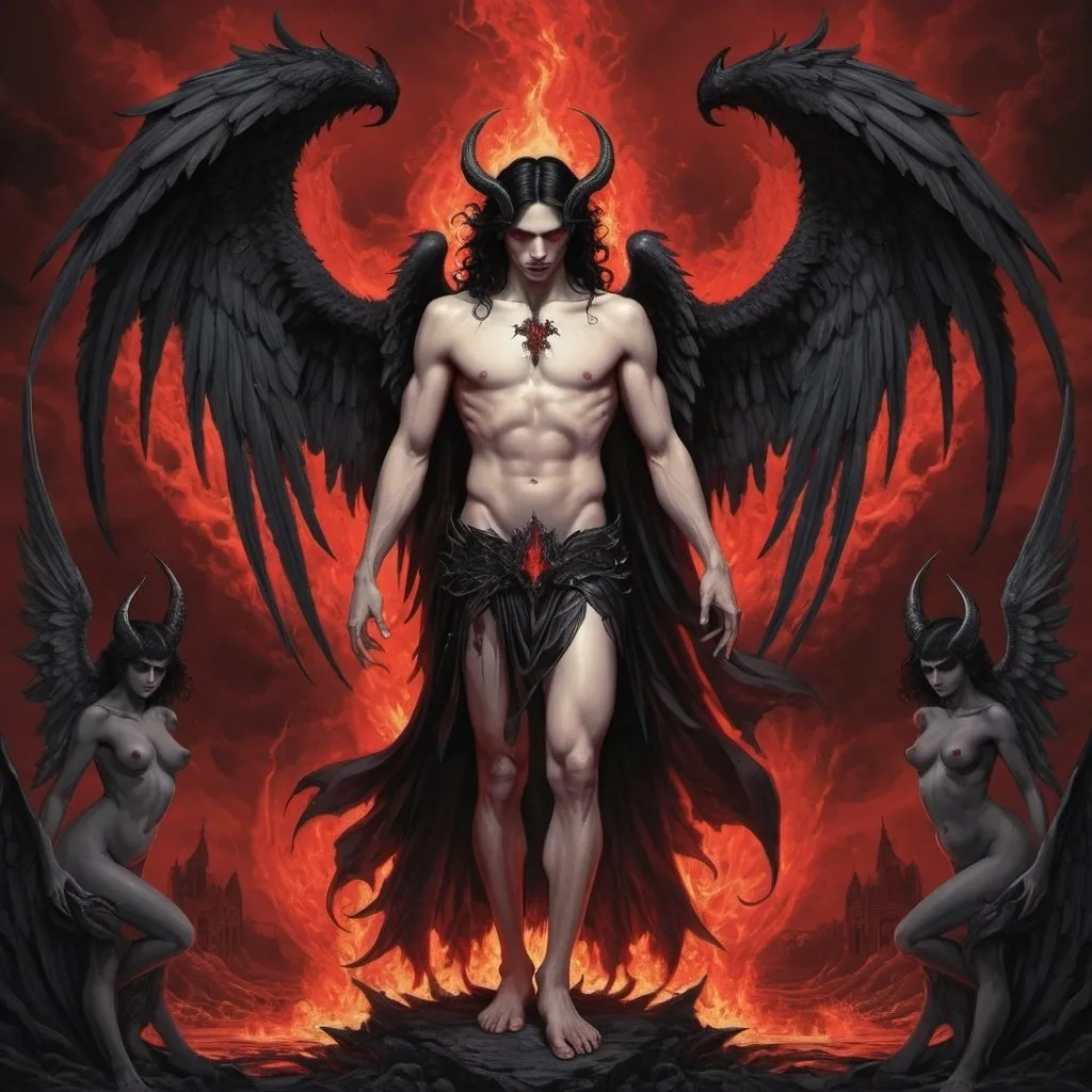 Prompt: full body, gothic illustration as above so below, fallen angel male lucifer, wavy shoulder length black hair, with three pairs of demon wings horizontal mirrored image, gothic, gustave dore style, hellfire, red fire, evil dark crown on head