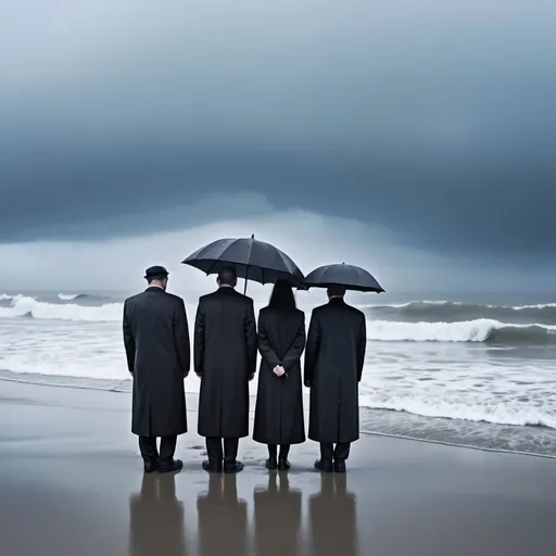 Prompt: funeral on a foggy, stormy beach, blue lighting, wet atmosphere and dreary, depressing