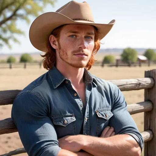 Prompt: 25 year old strong cowboy, wavy shoulder-length red hair, blue eyes, stubble, freckles, cowboy hat, leaning on fence, illustration