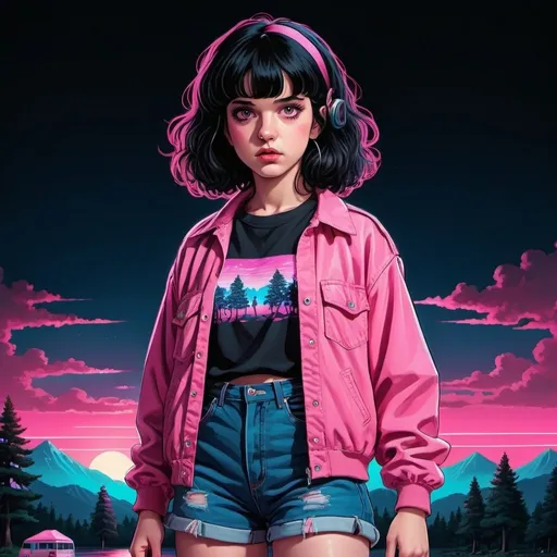 Prompt: 80s stranger things style, girl with black hair, pink eyes, anime illustrated, full body, 80s clothing 