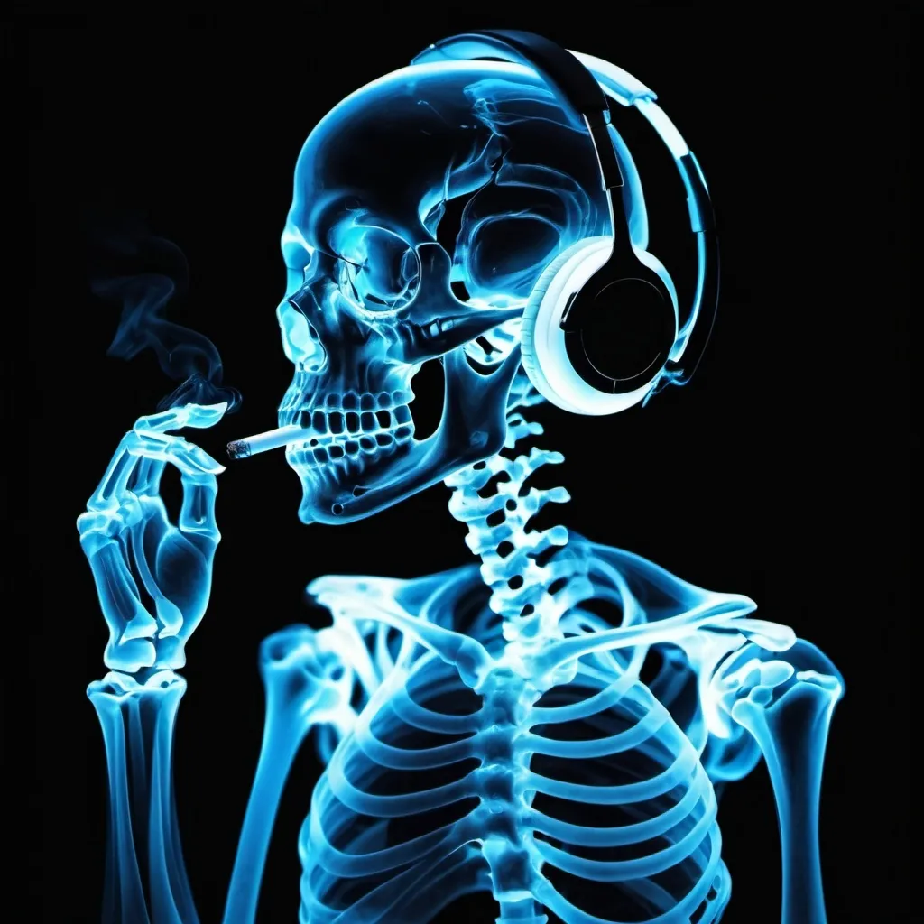 Prompt: X-Ray Effect all over in blue transparency 25 year male old skeleton with wavy messy shoulder length black hair, headphones, smoking cigarette, black background, glowing bones