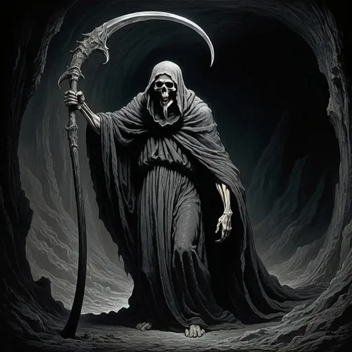 Prompt: Giant monstrous, crippled Reaper, long flowing robes, carrying scythe, black background barely lit by caverns, Gustave Dore style