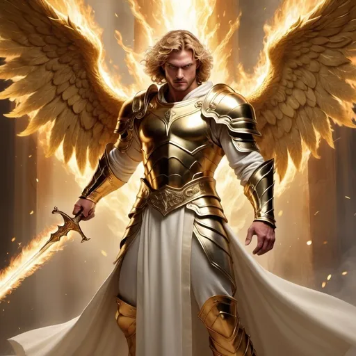 Prompt: strong man with short wavy golden hair, grey eyes, stubble, white robes and gold armour, gold angel wings, dreamy background, robes, wielding flaming sword, striking sword down