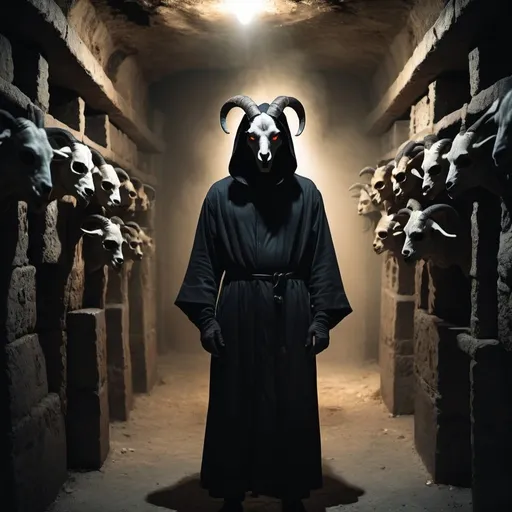 Prompt: catacombs, full body human in black robes with black goat mask, glowing eyes, dramatic lighting, horror film