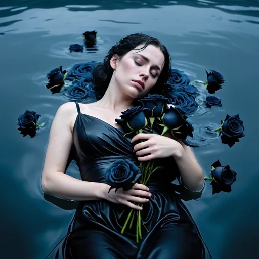 Prompt: sleeping woman in black dress laying in ocean water holding bouquet of black roses, asleep, stormy, blue lighting, wet atmosphere and dreary, depressing