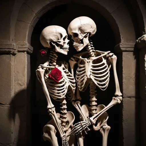Prompt: skeletons in love in crypt, holding one another tenderly, dramatic lighting, high contrast, roses