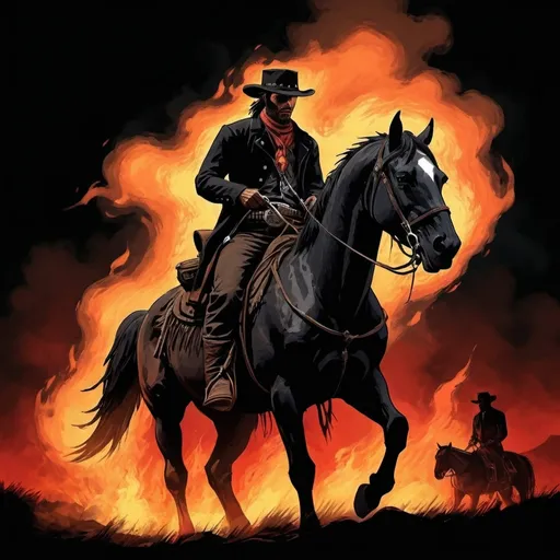 Prompt: red dead redemption style, night time, horseman of apocalypse, fire horse, ghost rider on horseback, 1800s, cowboy with skull head on fire, black horse with fire on its hooves
