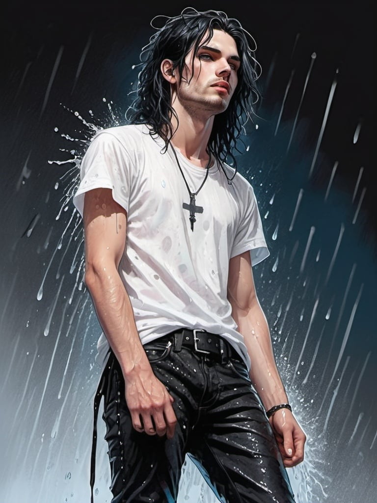 Prompt: rock star man with wavy shoulder-length black hair, stubble, blue eyes, 25 year old, entire body, punk gothy clothing, white tee shirt, drenched in rain, on stage, illustration