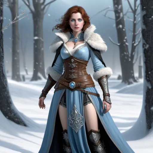 Prompt: full body woman with shoulder length middle parted chestnut brown hair icy blue eyes, fantasy detailed light blue outfit, cinched fabric, detailed skirt, showing belly and wearing bracers, BLACK fur shawl, Elder Scrolls mideval style 