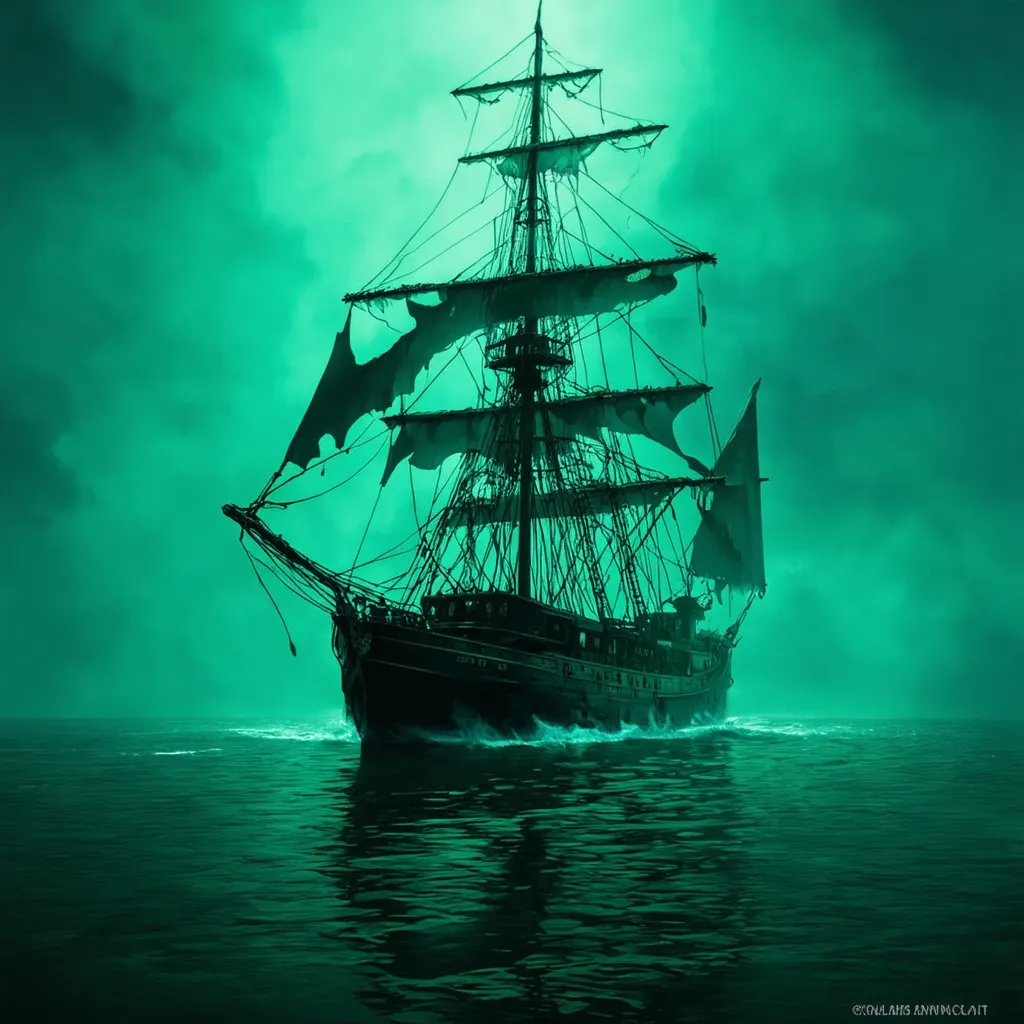 Prompt: high detail, 1800s ghost ship, sailing through undead waters, tattered sails, ghostly crew, spectral and horrific, horror green and spectral fog lighting, ferry of the damned, fog settling over calm water