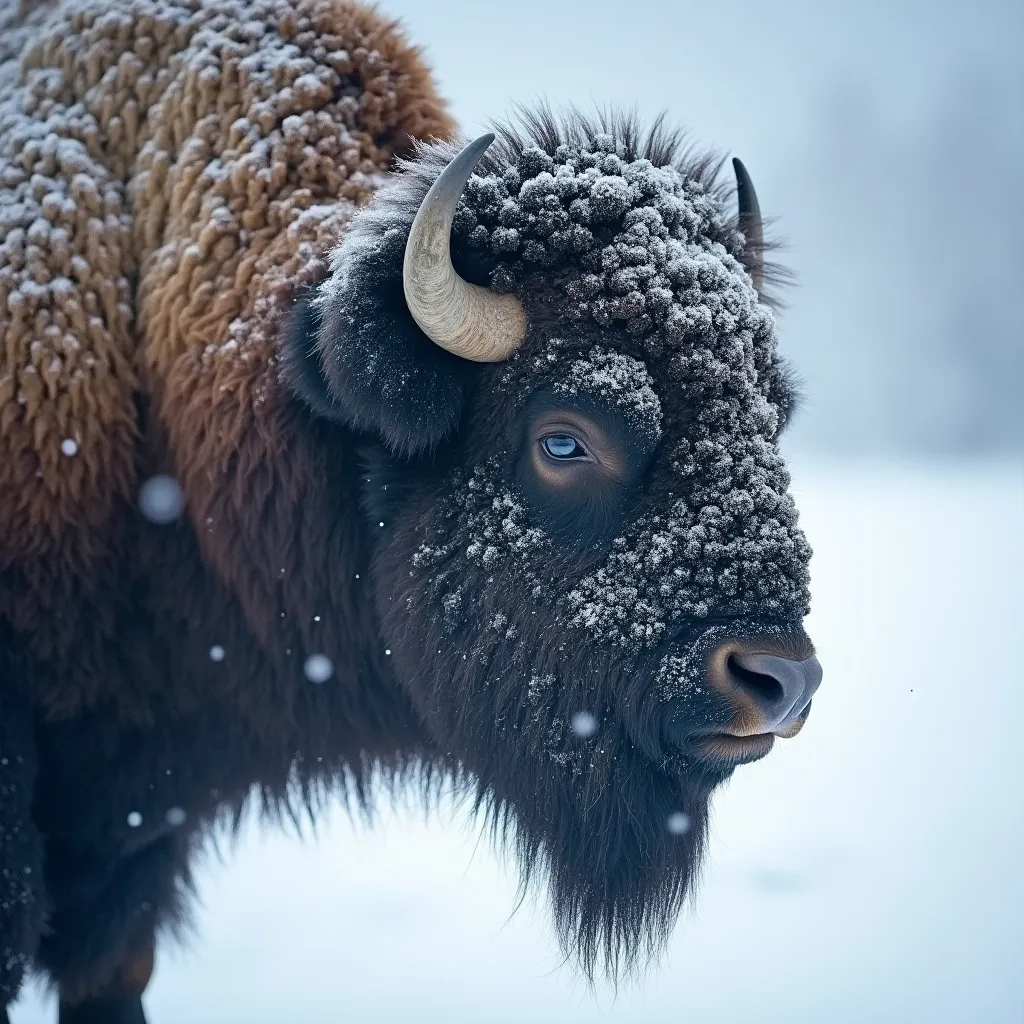 Prompt: cool tones color palette, close up of a bison covered in snow, wind is blowing heavily, national geographic photo