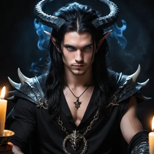 Prompt: young man with long black hair, blue eyes, stubble, devilesque, black horns, crown, full body, shorter face, evil english dragon, black colors, black candlelit background