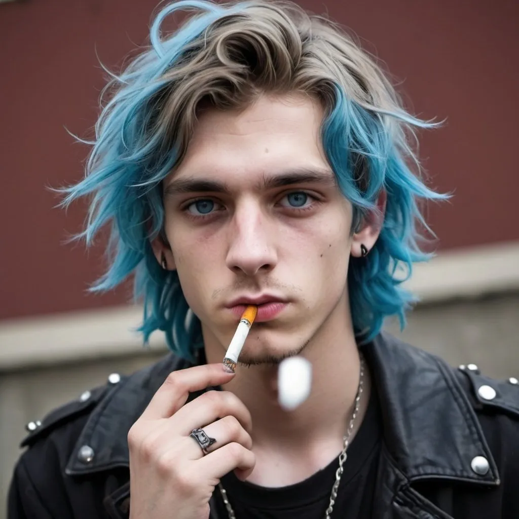 Prompt:  rockstar with wavy shoulder-length dyed hair, punk gothy, blue eyes, pretty 18 year old boy smoking cigarette