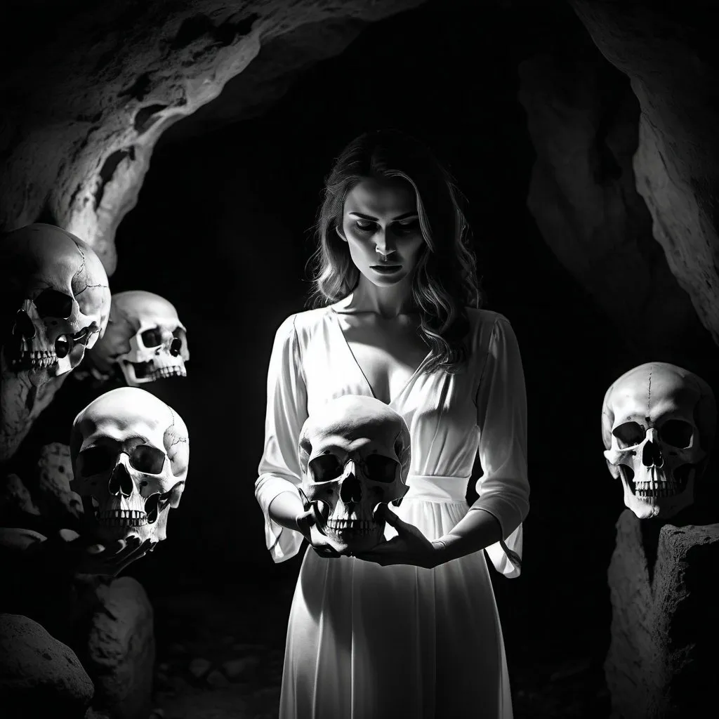 Prompt: dramatic dark atmosphere, woman in white dress holding skull, satanic ritual, cave setting, dim lighting, dramatic, cinematic, depth, black and white noir coloring, 