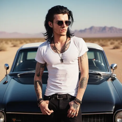 Prompt: Glamour photography in the style of Guy Aroch. leaning ontop of black classic car hood, 25 year old rockstar singer with wav shoulder length black hair, blue eyes, stubble, gothic punky style and white tee shirt, tattoos, full body, in desert, aviator sunglasses, side angle