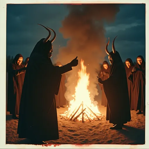 Prompt: Fuji film instant photo, Polaroid photograph, people in black robes with demon masks dancing around bonfire at night