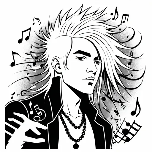 Prompt: stencil black and white, illustrated pretty young 20 year old rockstar man with long flowing white hair, grey eyes gothic punky style and tattoos, art poster style,  music notes and piano keys flowing, white background, side profile, flipping hair