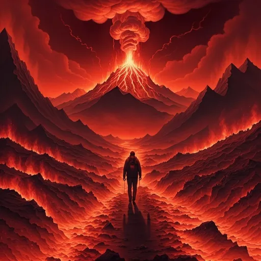 Prompt: Hellscape, Hell, red lighting, hellish mountains and fire, smoke, man walking through Hell