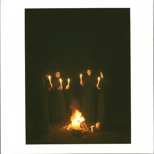 Prompt: Fuji film instant photo, vintages witches at a ritual with effigys at night