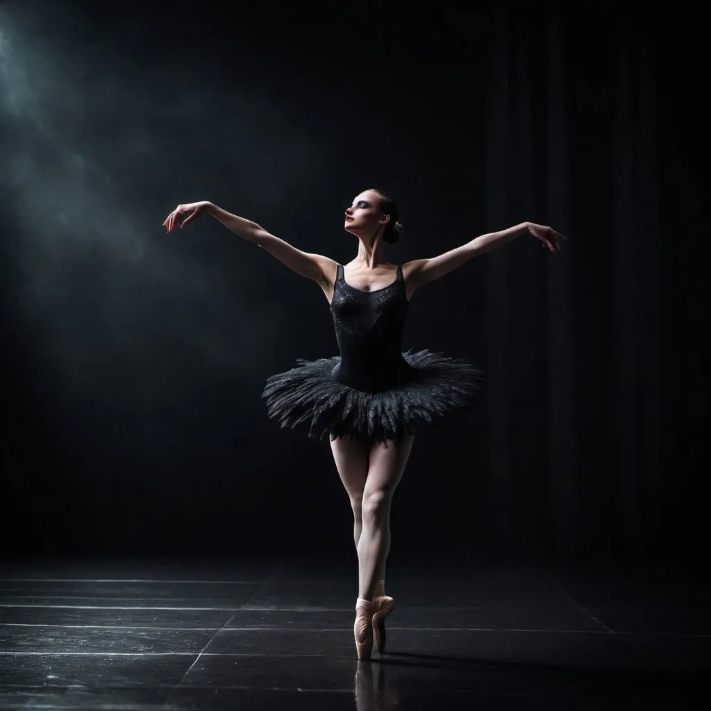 Prompt: black swan dance ballet, dark atmosphere, dramatic lighting, black leotard