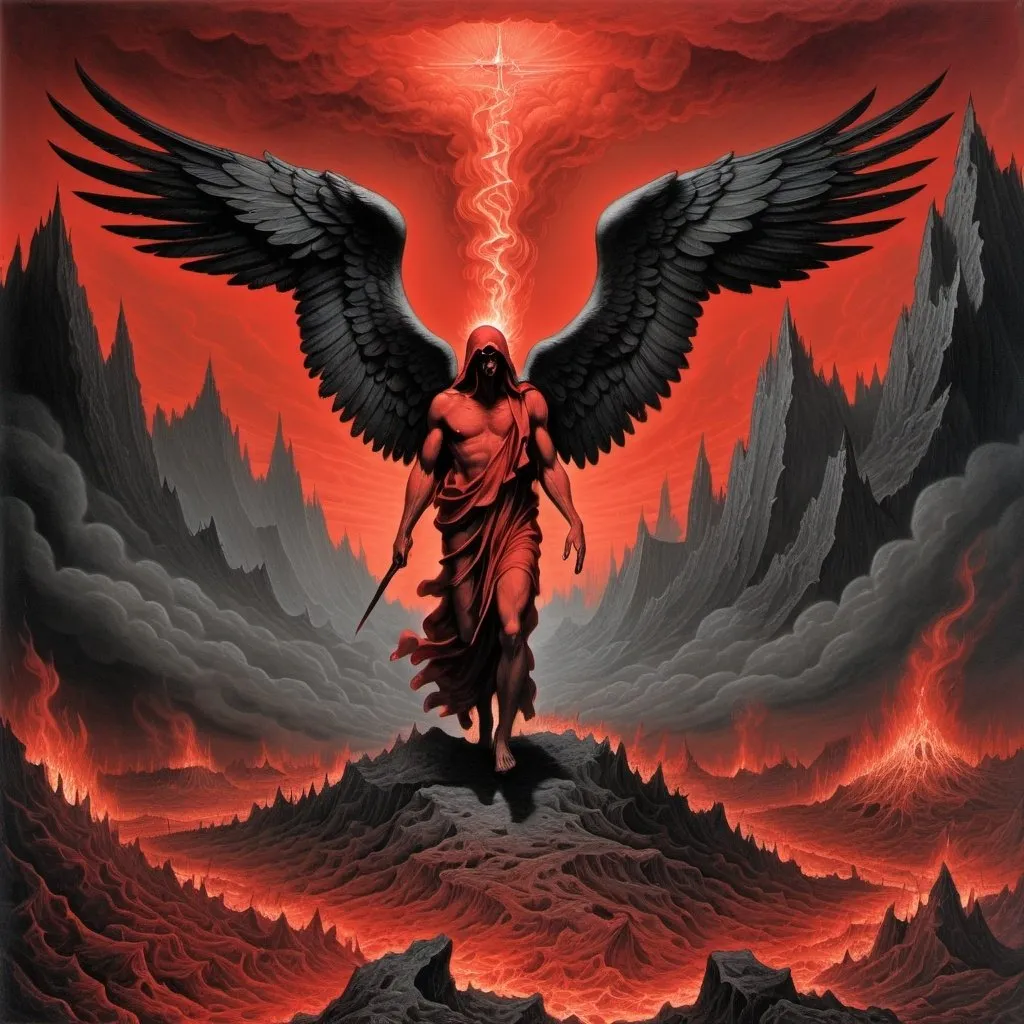 Prompt: Hellscape, Hell, red lighting, hellish mountains and fire, smoke, fallen angel  walking through Hell, album cover "REVELATIONS" gustave dore style