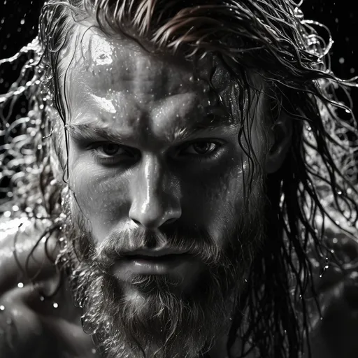 Prompt: black background very wet hair, extreme close up, in dark film noir black and white, 25 year old rockstar male  with wavy long ginger hair and beard, muscular, strong, drenched in the rain, hair is drenched and hair tendrils falling in face, wearing eyeliner, black background