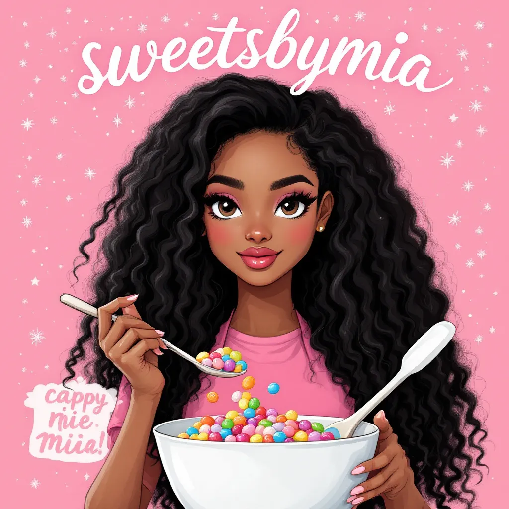 Prompt:  Make a kawaii image of a medium towned brown skin YOUNG ADULT woman with cat eye eye lashes with long black curly hair touching her shoulder and light pink lips with a pink apron and shirt on holding a mixing bowl with a spatula and candy and sweets pouring into the bowl with a pink background with silver sparkles and on top it says “sweetsbymia” In script in a pink kitchen Make the spatula and mixing bowl white, and make the text “sweetsbymia” in script and white and write “sweetsbymia” in script on the apron in white