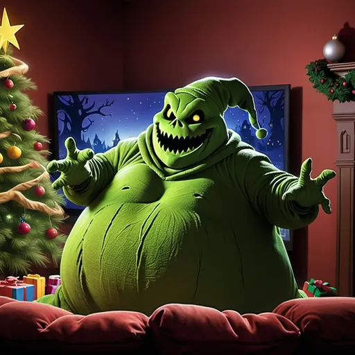 Prompt: Le Oogie Boogie qui regarde un film de Noël