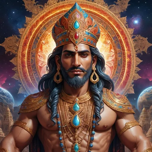 Prompt: (Unique style) Lord Varah, with earth majestic representation with intricate detailing, divine features, embellished attire, surrounded by a celestial atmosphere adorned with vibrant colors, ethereal lighting, and mystical symbols, showcasing cultural motifs. Highly detailed, artistic rendering, capturing the reverence of the subject with an awe-inspiring background. (4K, ultra-detailed)