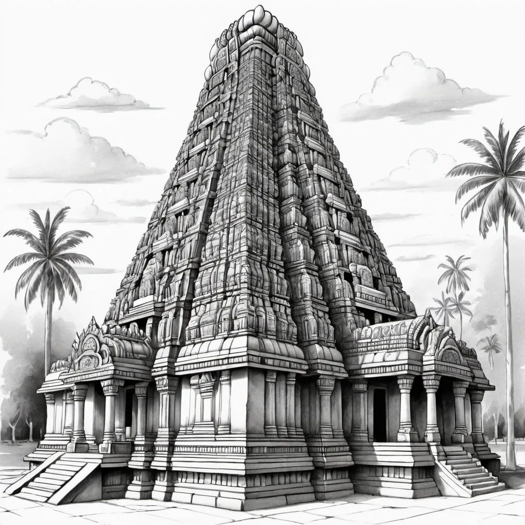 Prompt: draw a full page sketch  of a chola temple keeping the main features of Chola architecture in mind. (Your sketch should have a gopuram, dhwajstambh, mandala, viman ,garbhagriha and prakara)