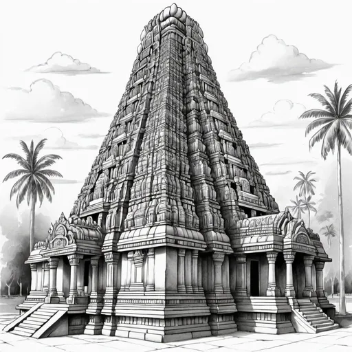 Prompt: draw a full page sketch  of a chola temple keeping the main features of Chola architecture in mind. (Your sketch should have a gopuram, dhwajstambh, mandala, viman ,garbhagriha and prakara)
