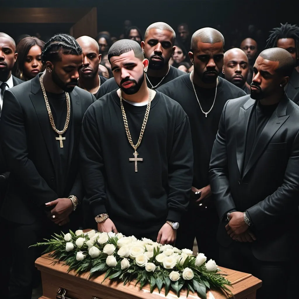 Prompt: Drake is dead his funeral is attended by  Playboi Carti and Kanye West, dramatic and somber atmosphere, realistic painting, dark and moody lighting, detailed expressions of grief and respect, high quality, realistic, dramatic lighting, somber mood, detailed faces, realistic art style