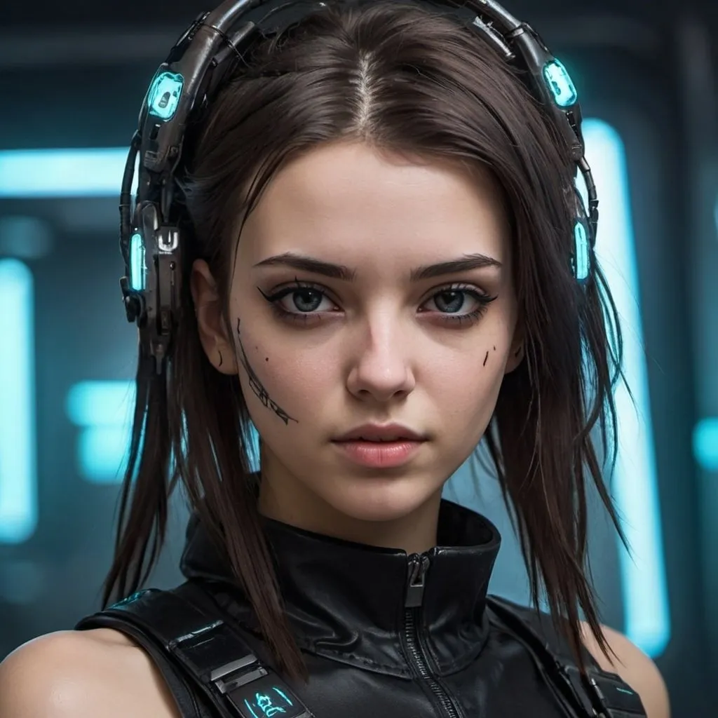 Prompt: Cyberpunk girl, brunette, pretty clear face 