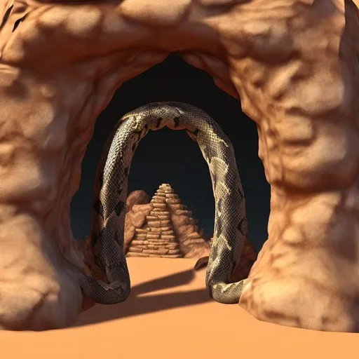 Prompt: a desert temple entrance shaped in the form of a snake head in dungeons and dragons style