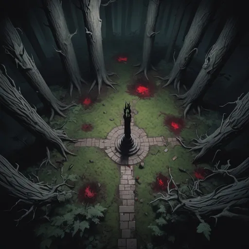 Prompt: A dark and mysterious forest,the scene is quite grotesque and bloody, Rpg map from a top down perspective, center that is cleared from trees, in the middle there is a stone pedestal