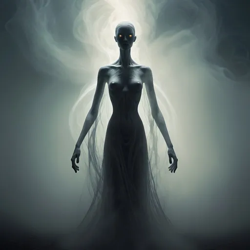 Prompt: a tall, gaunt figure, its form obscured by swirling mist. Its eyes, glowing with an eerie light