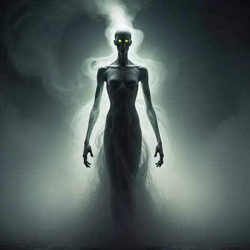 Prompt: a tall, gaunt figure, its form obscured by swirling mist. Its eyes, glowing with an eerie light