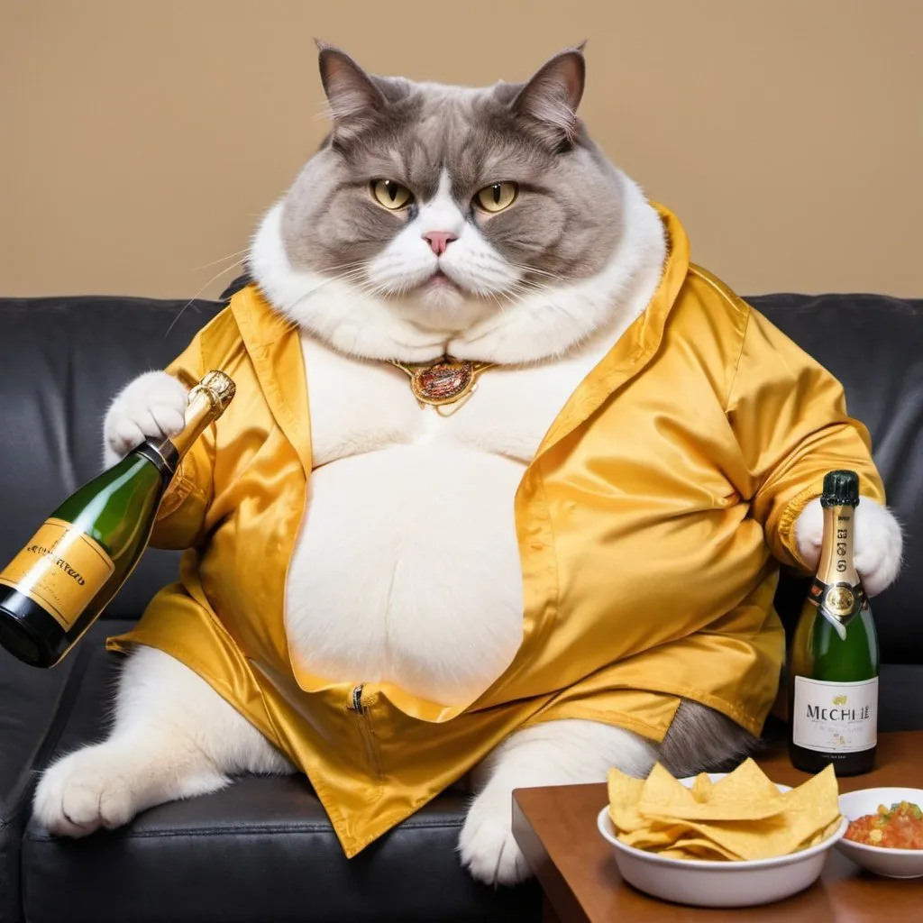 Prompt: Fat cat sitting on a couch, eating nachos from a bag and drinking cheap champagne named Michele from the bottle