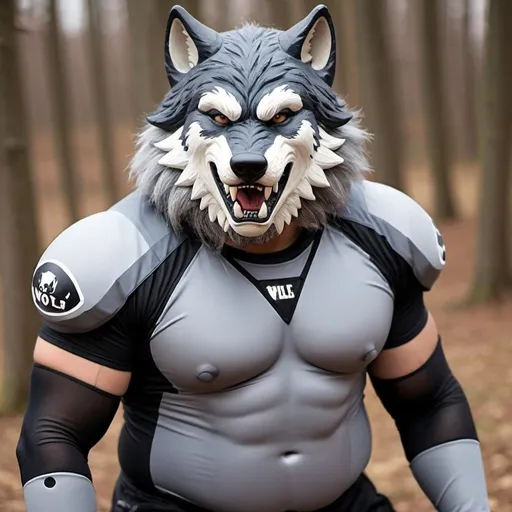 Prompt: create wolf furry zone body chubby men,veterano of football and paintball ,the wolf black and gray ,with face se y