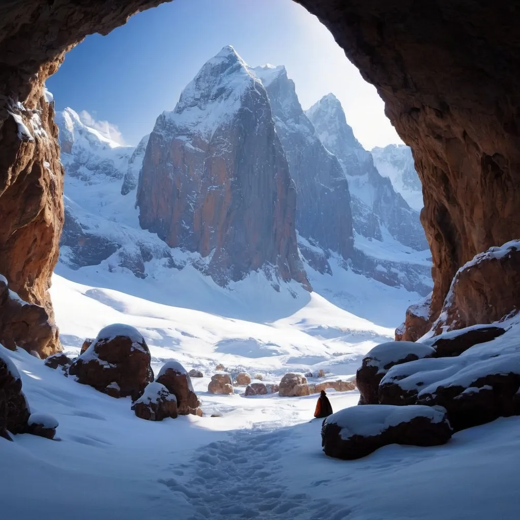 Prompt: outdoors, cave, snow, tall mountains
