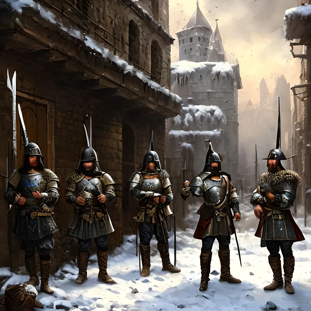 Prompt: dark fantasy medieval militia, pikes, standing in a city, rough oil painting, snow