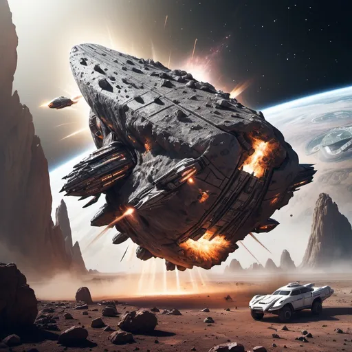 Prompt: A spaceship that looks like a rock and destroying other spaceships